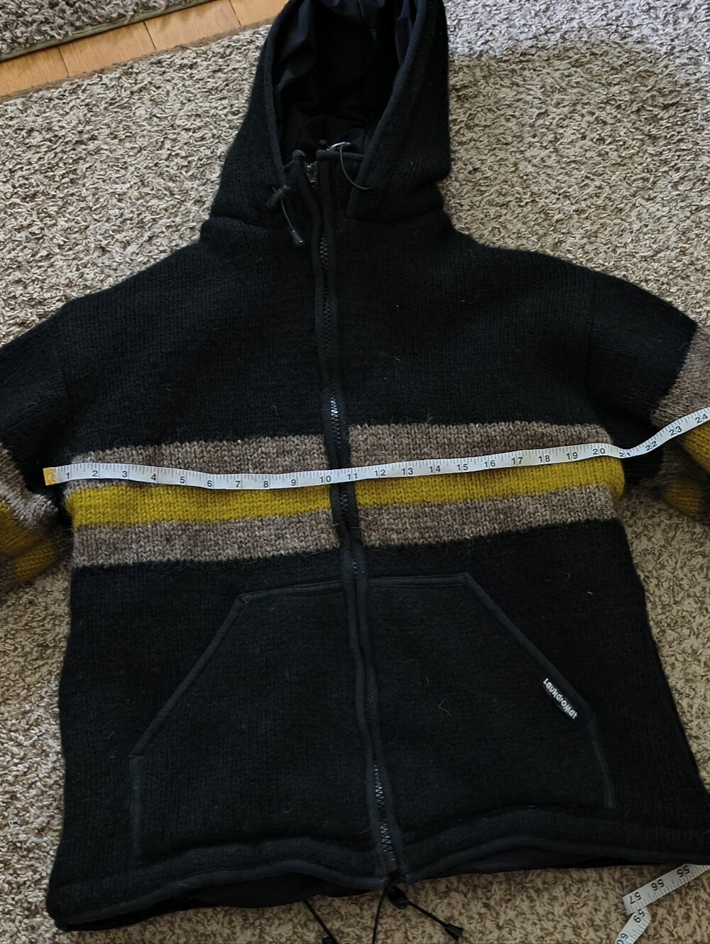 Men's Black Laundromat Hooded Zip Sweater with Brown and Mustard Stripes Lrg